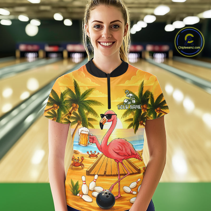 Woman wearing a funny flamingo sunset tropical bowling quarter zip jersey during league competition front view.