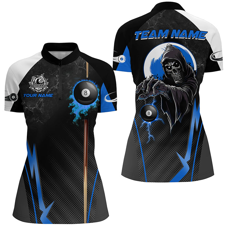 Funny Grim Reaper Ball 8 Fire Custom Women Billiard Shirts, Best 8 Ball Pool Jerseys |Blue TDM2035