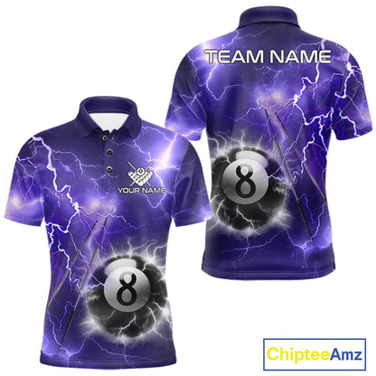 Personalized purple thunder lightning 8 ball billiard team jersey polo shirt for men featuring vibrant purple lightning artwork, premium custom pool team apparel for league matches and tournaments.