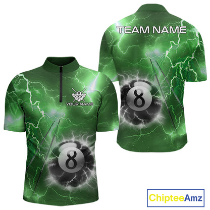 Personalized green thunder lightning 8 ball billiard team jersey quarter zip shirt for men featuring green lightning 8 ball graphics.