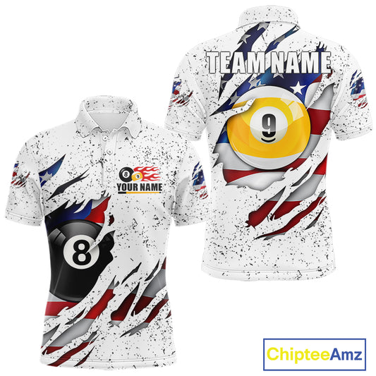 White grunge American flag 8 ball and 9 ball billiard team jersey polo shirt for men featuring patriotic USA artwork, premium custom pool team apparel.