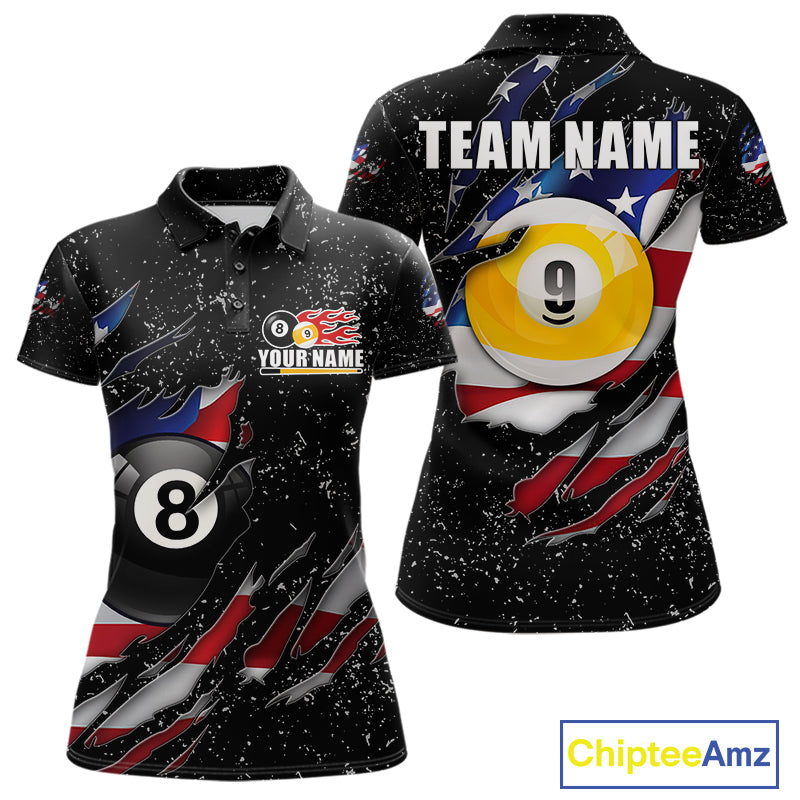 Black grunge American flag 8 ball and 9 ball billiard team jersey polo shirt for women featuring patriotic USA artwork, premium custom pool team apparel.