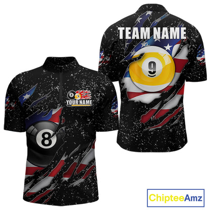 Black grunge American flag 8 ball and 9 ball billiard team jersey quarter zip shirt for men featuring patriotic 8 ball and 9 ball graphics.