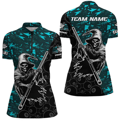 Personalized Cyan Abstract Grim Reaper Women Billiard Shirts, Halloween  Billiard Jerseys TDM2760
