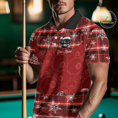 Funny Santa 8 Ball Pool Men's Billiard Shirt Custom Red Plaid Snowflake Christmas Billiard Jersey TDM5223
