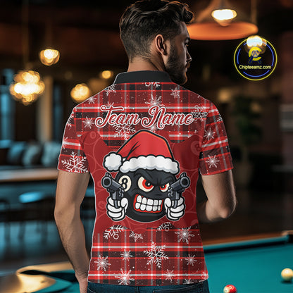 Funny Santa 8 Ball Pool Men's Billiard Shirt Custom Red Plaid Snowflake Christmas Billiard Jersey TDM5223
