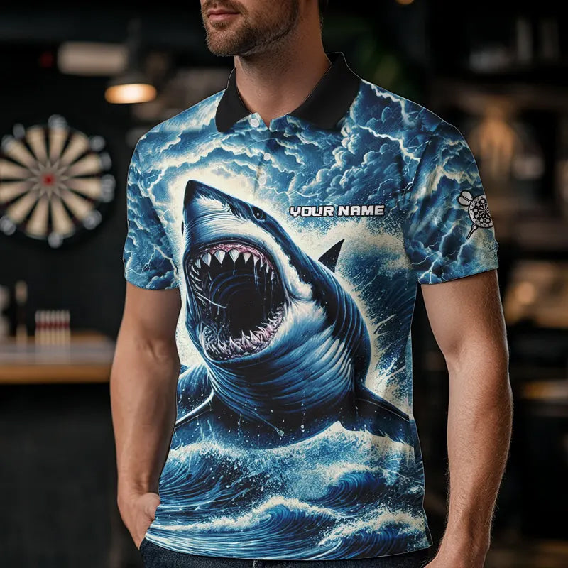 Personalized Shark Blue Lightning Darts Polo & Quarter Zip Custom Dart Shirts For Men Dart Jerseys TDM3442