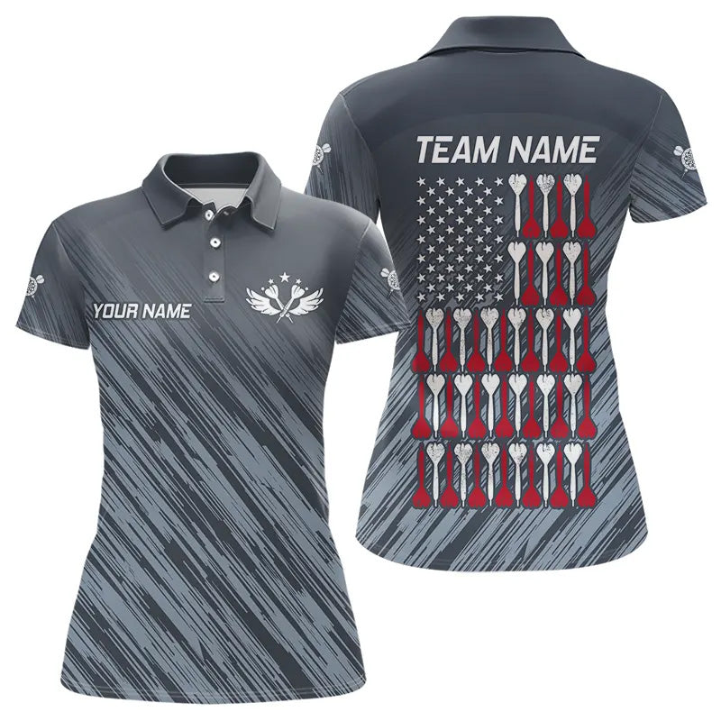 American Flag Grey Grunge Darts Polo & Quarter Zip Custom Dart Shirts For Women Patriotic Dart Jersey TDM3587