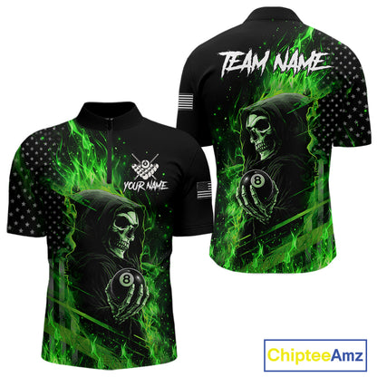 Green Flaming Grim Reaper US Flag 8 Ball Quarter Zip Billiard Shirt Created for Pool League Players with Custom Team Jersey Design and Performance Style