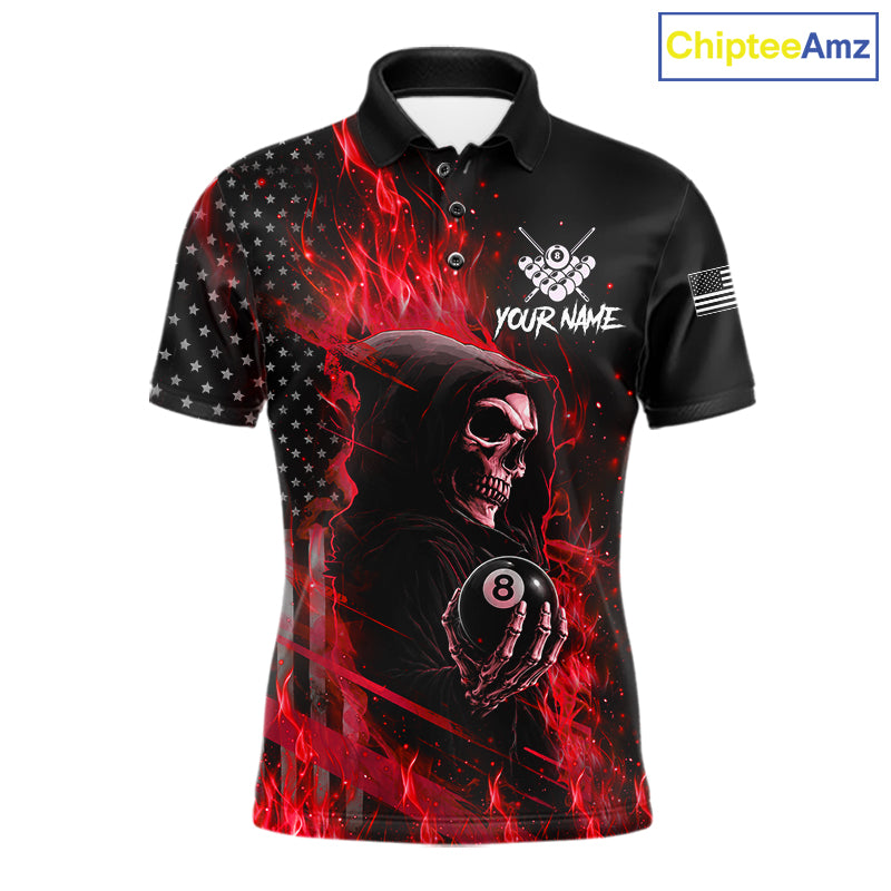 Red Flaming Grim Reaper US Flag 8 Ball Billiard Polo Shirt Featuring a Patriotic Custom Design for Pool League Team Players and Tournament Events