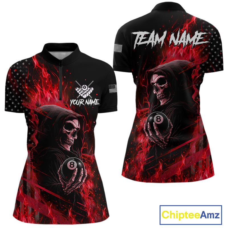 Red Flaming Grim Reaper US Flag 8 Ball Quarter Zip Billiard Shirt with Custom Women's Pool League Team Design and Athletic Performance