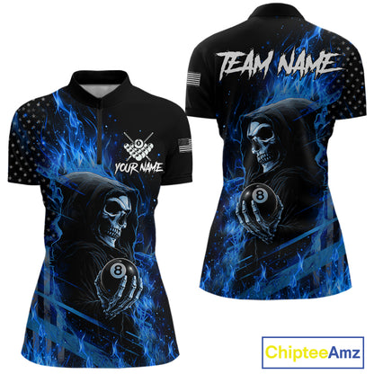 Blue Flaming Grim Reaper US Flag 8 Ball Quarter Zip Billiard Shirt Created for Women's Pool League Teams with Custom Performance Design