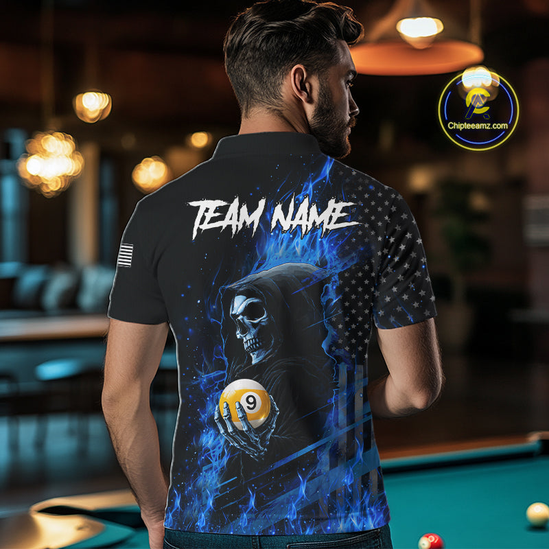 Man Wearing Blue Flame 8 Ball and 9 Ball Grim Reaper US Flag Personalized Pool Team Jersey Showing the Full Back Design, Back View