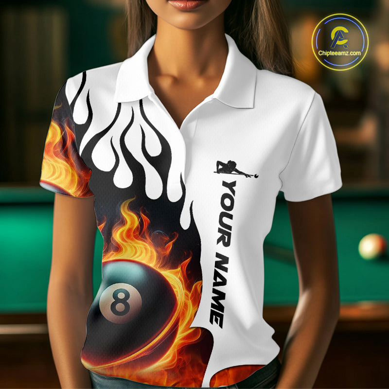 Personalized Orange 8 Ball Fire Flame Women's Billiard Shirt Custom Pool Team Jersey Polo & 1/4 Zip TDM5229