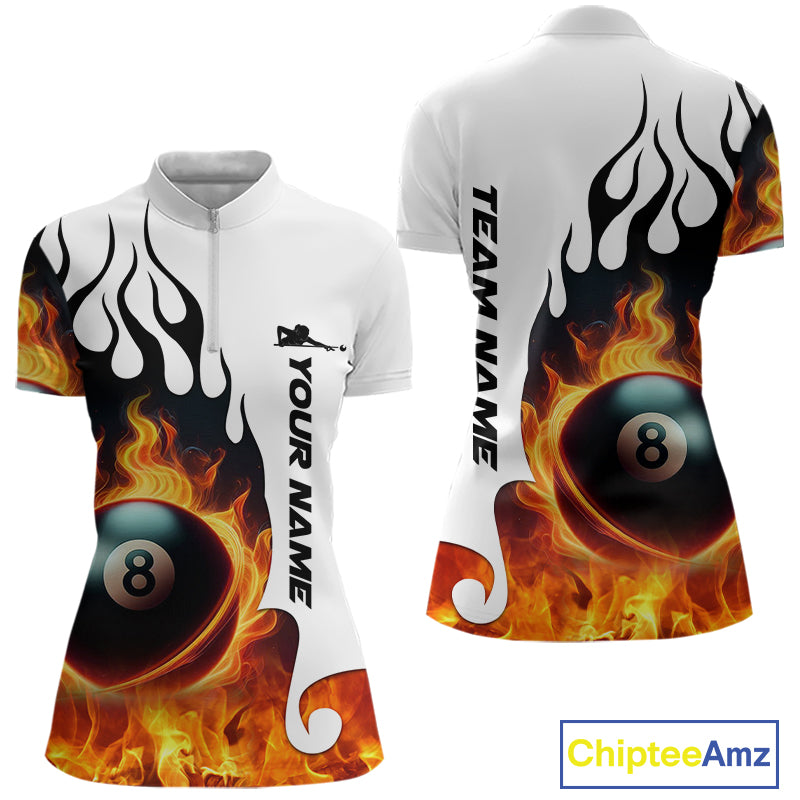 Personalized Orange 8 Ball Fire Flame Women's Billiard Shirt Custom Pool Team Jersey Polo & 1/4 Zip TDM5229