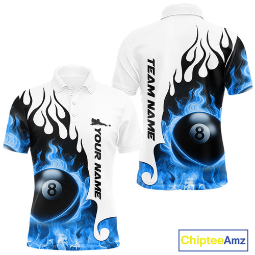 Personalized Blue 8 Ball Fire Flame Men's Billiard Shirt Custom Pool Team Jersey Polo & 1/4 Zip TDM5230