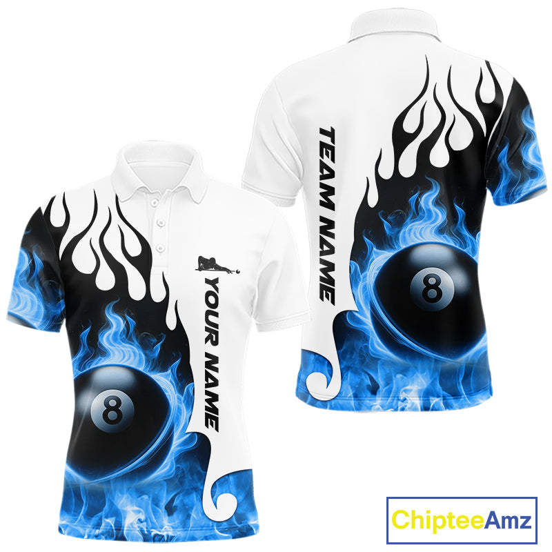 Personalized Blue 8 Ball Fire Flame Men's Billiard Shirt Custom Pool Team Jersey Polo & 1/4 Zip TDM5230