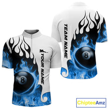 Load image into Gallery viewer, Personalized Blue 8 Ball Fire Flame Men&#39;s Billiard Shirt Custom Pool Team Jersey Polo &amp; 1/4 Zip TDM5230