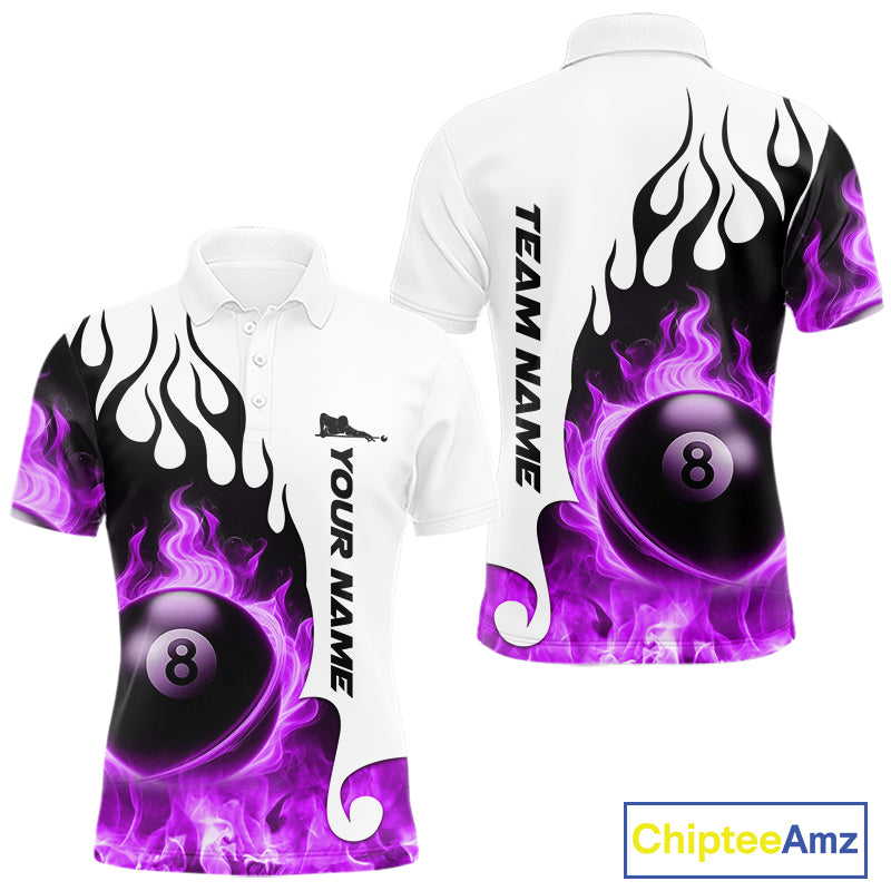 Personalized Purple 8 Ball Fire Flame Men's Billiard Shirt Custom Pool Team Jersey Polo & 1/4 Zip TDM5231