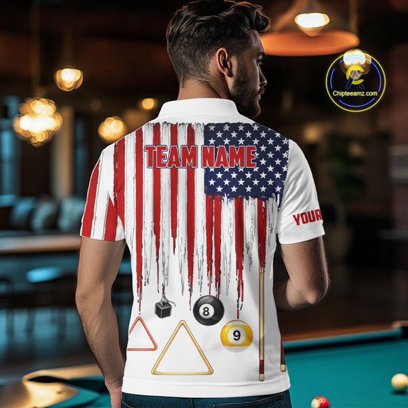 American Flag Billiard Shirt For Men Custom Patriotic Pool Team Jersey Polo & 1/4 Zip |White TDM5753