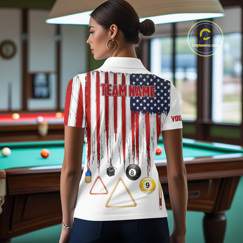 American Flag Billiard Shirt For Women Custom Patriotic Pool Team Jersey Polo & 1/4 Zip |White TDM5753