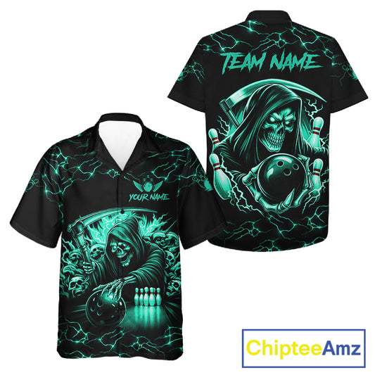 Turquoise Grim Reaper Lightning Hawaiian Bowling Shirt For Men Women, Bowling Team Jersey TDM5951