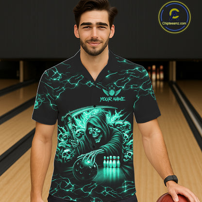 Turquoise Grim Reaper Lightning Hawaiian Bowling Shirt For Men Women, Bowling Team Jersey TDM5951