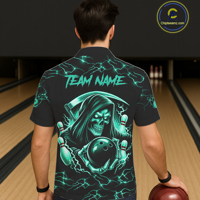 Turquoise Grim Reaper Lightning Hawaiian Bowling Shirt For Men Women, Bowling Team Jersey TDM5951