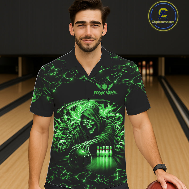 Green Grim Reaper Lightning Hawaiian Bowling Shirt For Men Women, Skull Bowling Team Jersey TDM5952