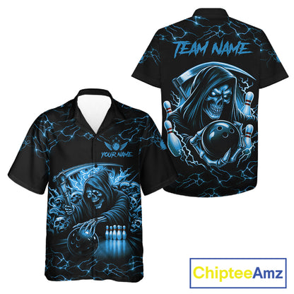 Blue Grim Reaper Lightning Hawaiian Bowling Shirt For Men Women, Skull Bowling Team Jersey TDM5953