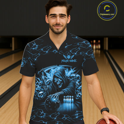 Blue Grim Reaper Lightning Hawaiian Bowling Shirt For Men Women, Skull Bowling Team Jersey TDM5953
