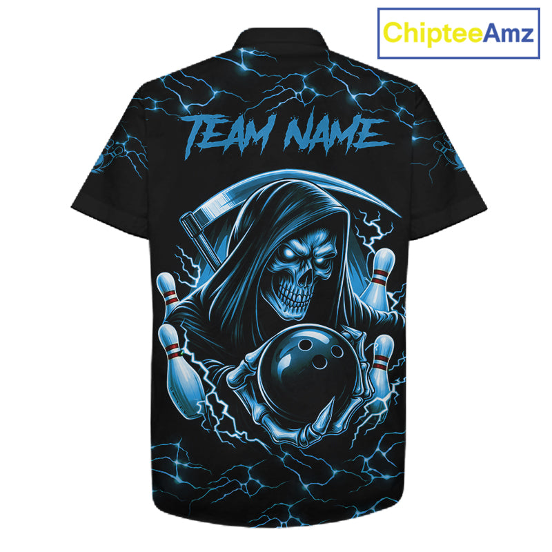 Blue Grim Reaper Lightning Hawaiian Bowling Shirt For Men Women, Skull Bowling Team Jersey TDM5953