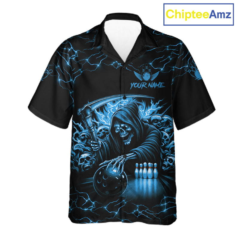 Blue Grim Reaper Lightning Hawaiian Bowling Shirt For Men Women, Skull Bowling Team Jersey TDM5953