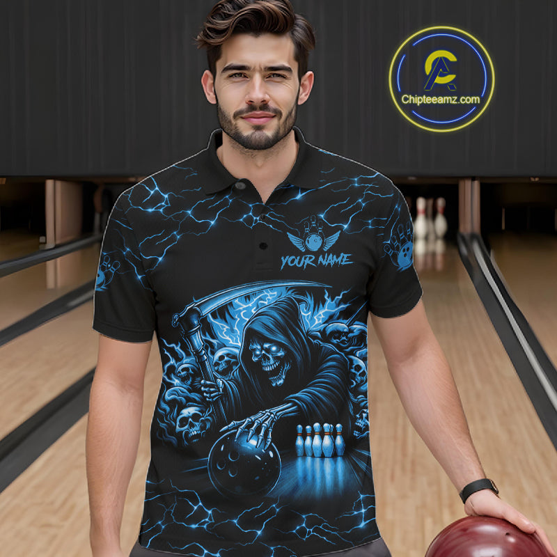 Custom Blue Grim Reaper Lightning Bowling Shirt For Men, Skull Bowling Jersey Team Polo & 1/4 Zip TDM5953