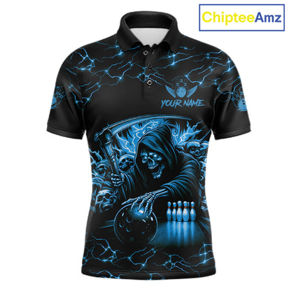 Custom Blue Grim Reaper Lightning Bowling Shirt For Men, Skull Bowling Jersey Team Polo & 1/4 Zip TDM5953