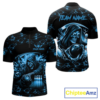 Custom Blue Grim Reaper Lightning Bowling Shirt For Men, Skull Bowling Jersey Team Polo & 1/4 Zip TDM5953