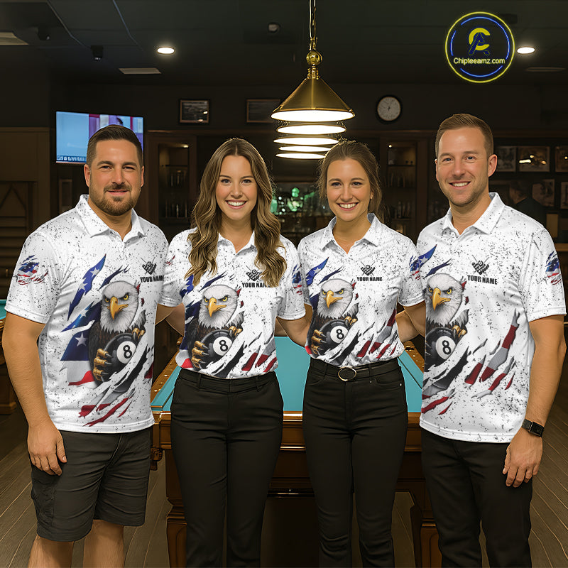 White Grunge US Flag Eagle Billiard Shirt For Women Custom 8 Ball Pool Team Jersey Polo & 1/4 Zip TDM5956