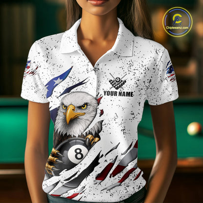 White Grunge US Flag Eagle Billiard Shirt For Women Custom 8 Ball Pool Team Jersey Polo & 1/4 Zip TDM5956