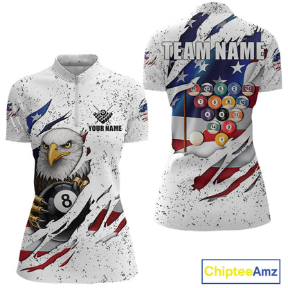 White Grunge US Flag Eagle Billiard Shirt For Women Custom 8 Ball Pool Team Jersey Polo & 1/4 Zip TDM5956