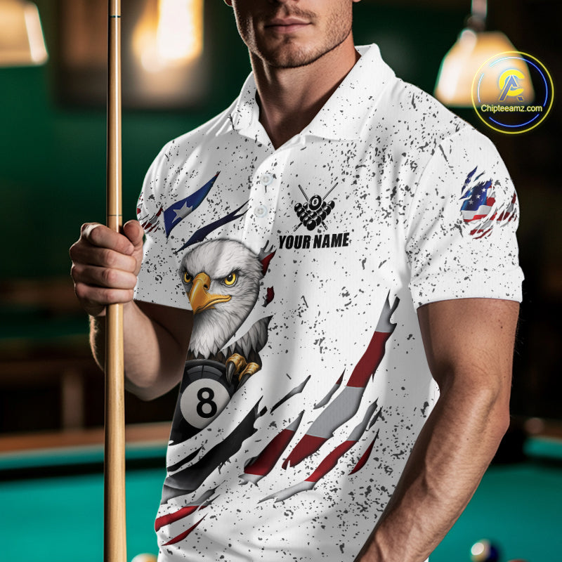 Custom Eagle 8 Ball Billiard Jersey For Men, Grunge American Flag Pool Team Shirt Polo & 1/4 Zip TDM5957