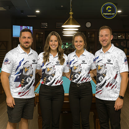 Custom Eagle 8 Ball Billiard Jersey For Women, Grunge American Flag Pool Team Shirt Polo & 1/4 Zip TDM5957