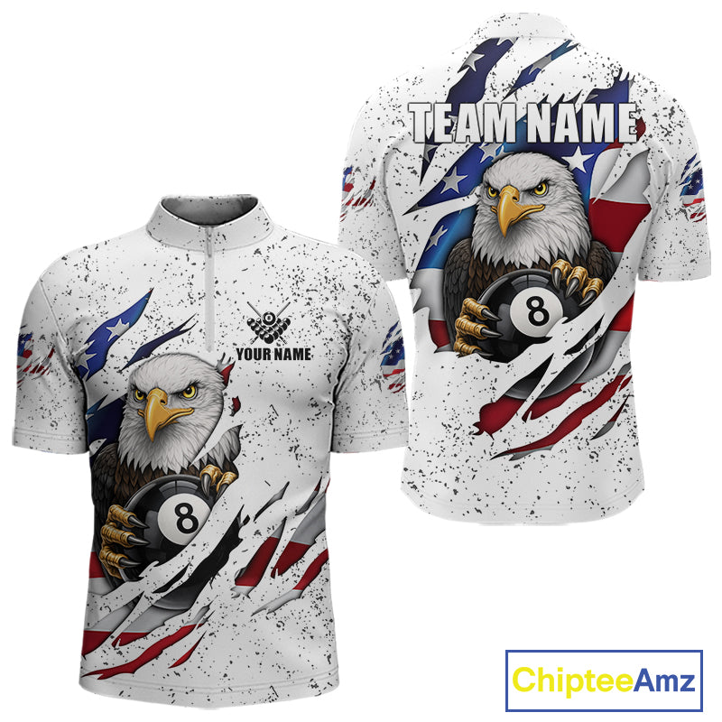 Custom Eagle 8 Ball Billiard Jersey For Men, Grunge American Flag Pool Team Shirt Polo & 1/4 Zip TDM5957