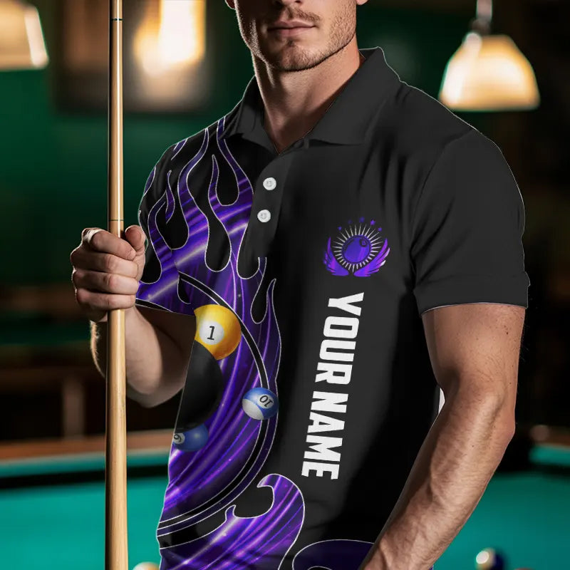 3D Billiard Balls Fire Flame Custom Pool Shirts For Men, Billiard League Team Jerseys | Purple TDM3753
