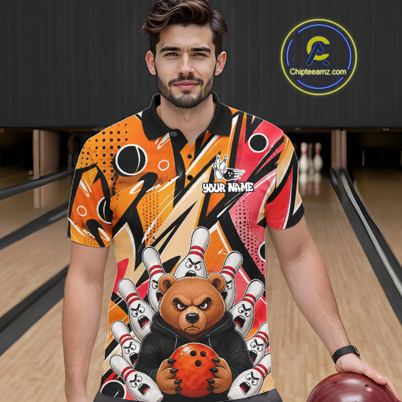 Personalized Funny Bear Graffiti Bowling Jersey For Men, Custom Bowling Team Shirts Polo & 1/4 Zip TDM6548