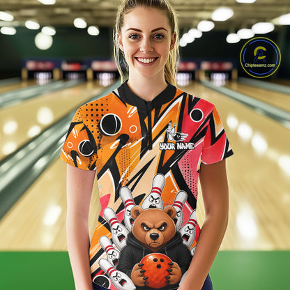 Personalized Funny Bear Graffiti Bowling Jersey For Women, Custom Bowling Team Shirts Polo & 1/4 Zip TDM6548