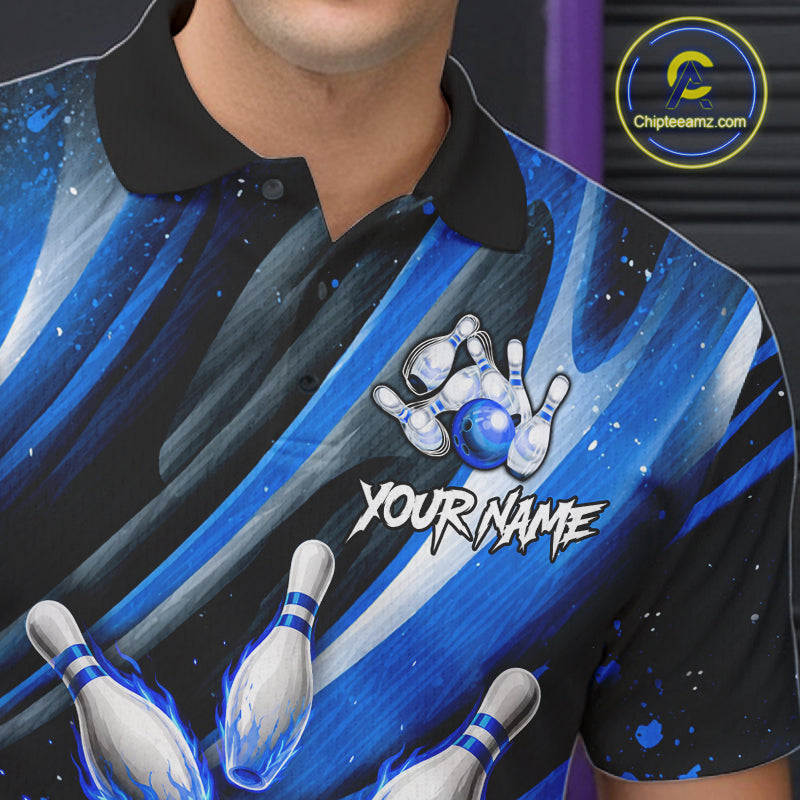 Custom Blue Flaming Silver Bowling Jersey For Men, Bowling League Team Shirts Polo & Quarter Zip TDM6549