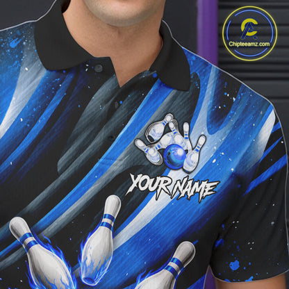 Custom Blue Flaming Silver Bowling Jersey For Men, Bowling League Team Shirts Polo & Quarter Zip TDM6549