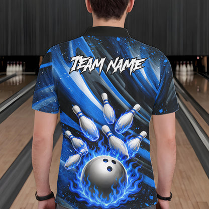 Custom Blue Flaming Silver Bowling Jersey For Men, Bowling League Team Shirts Polo & Quarter Zip TDM6549