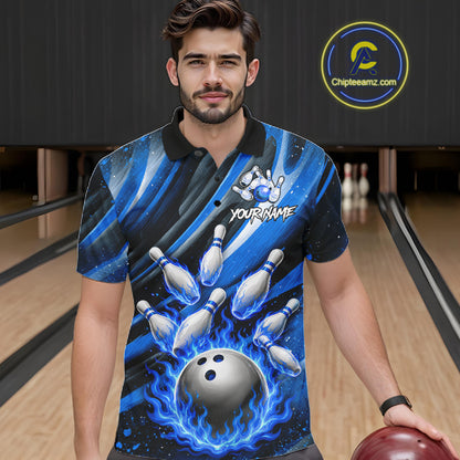 Custom Blue Flaming Silver Bowling Jersey For Men, Bowling League Team Shirts Polo & Quarter Zip TDM6549