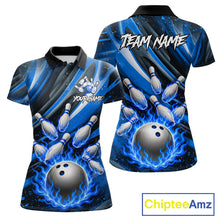 Load image into Gallery viewer, Custom Blue Flaming Silver Bowling Jersey For Women, Bowling League Team Shirts Polo &amp; Quarter Zip TDM6549